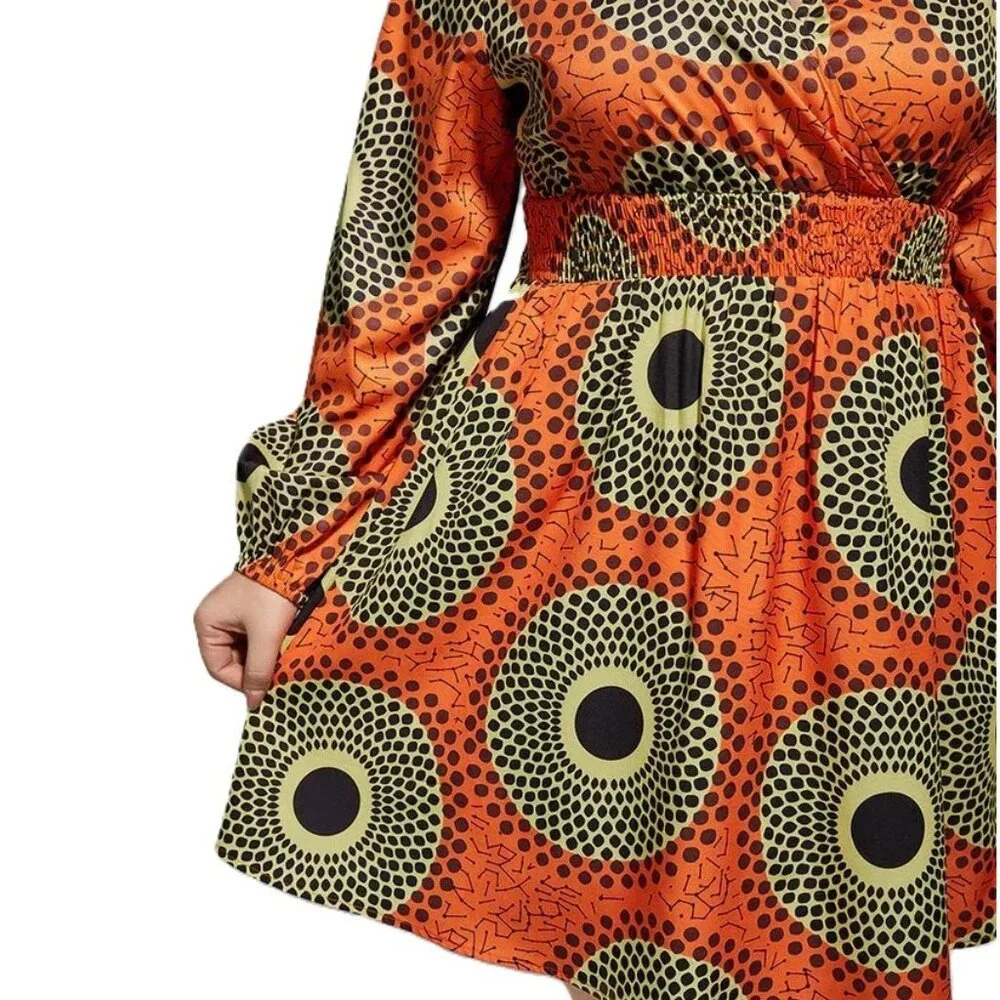 Curvesoul Orange Black Yellow Geometric V Neck Elastic Waist Dress Size 5X NWT - Picture 6 of 14